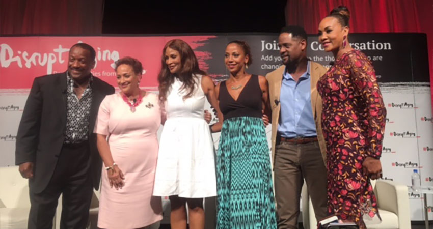 Photo of Donnie with Blair Underwood, Vivica A. Fox, Holly Robinson Peete, AARP CEO, Jo Ann Jenkins, and super model, Beverly Johnson at Fearless and Fabulous AARP event.