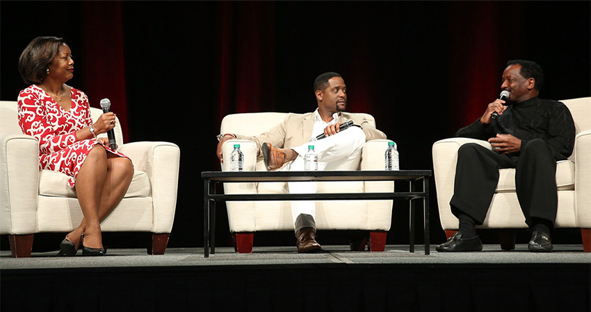 Photo of Edna Kane-Williams, Blair Underwood and Donnie Simpson attend 'A Conversation about Hollywood, Radio and Fame' at the AARP Life@50+ Expo at the Miami Beach Convention Center on May 15, 2015 in Miami Beach, Florida.