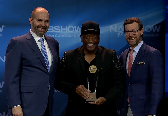 Donnie Simpson receiving the National Association of Broadcasters (NAB) Hall of Fame logo