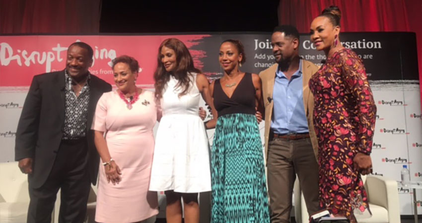 Photo of Donnie with Blair Underwood, Vivica A. Fox, Holly Robinson Peete, AARP CEO, Jo Ann Jenkins, and super model, Beverly Johnson at Fearless and Fabulous AARP event.